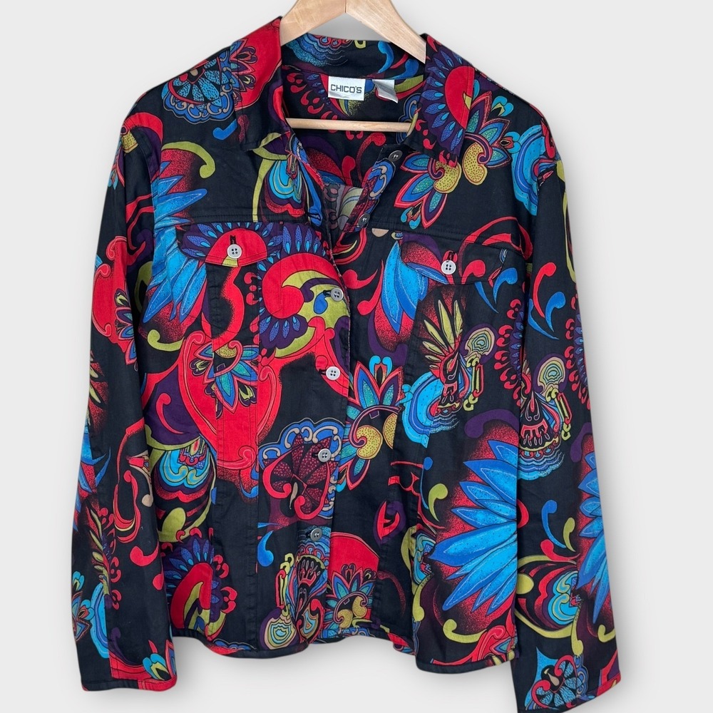 Chicos Vibrant Floral Print Button Up Shirt Jacket‎ Colorful Size 3 16/18 XXL
